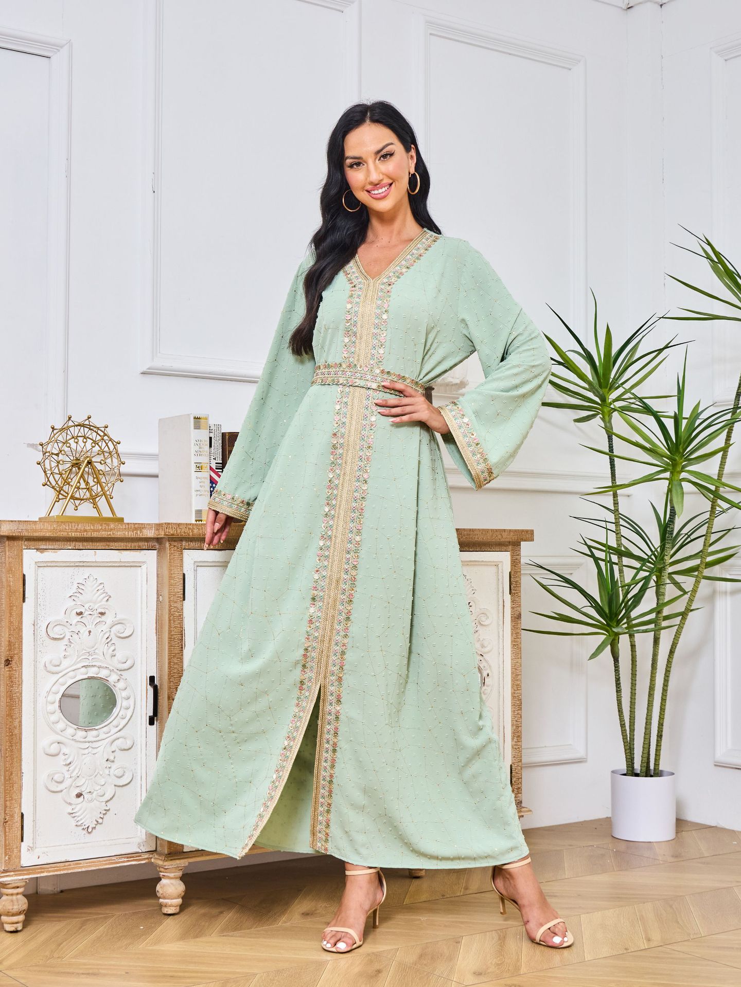Dubai Abaya Gown Dress With Printed Hot-stone And Embroidered Detailing