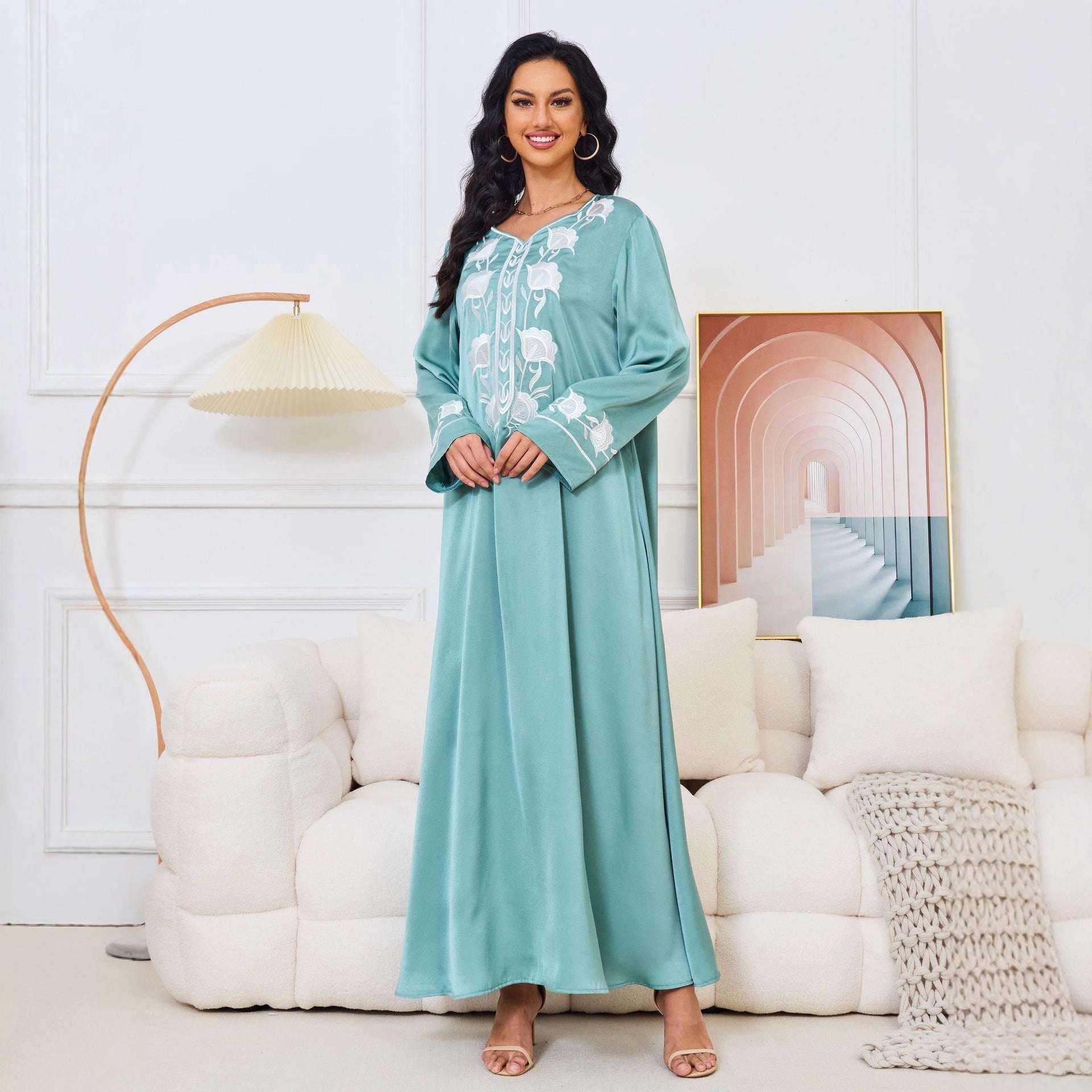 Dubai Abaya Gown Dress With Printed Hot-stone And Embroidered Detailing